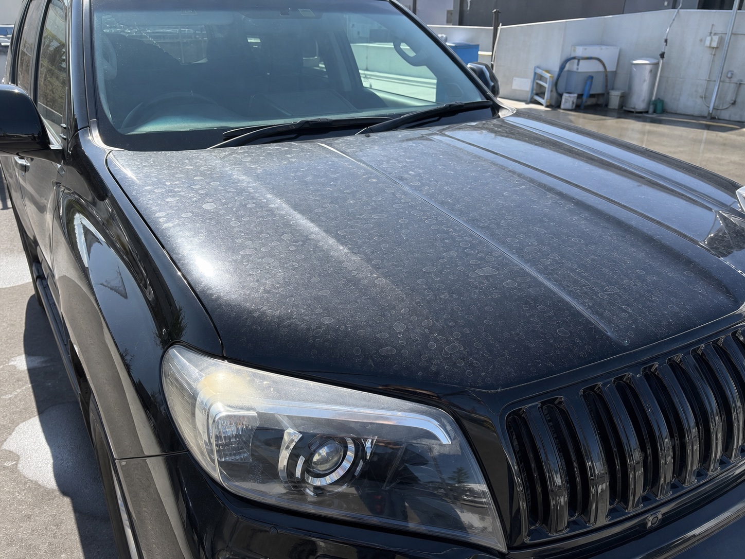 黒い車のボンネットに残る白い水アカと輪ジミ