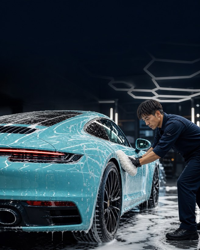 ティファニーブルーのポルシェ911をコーティングブースで泡洗車するスタッフ