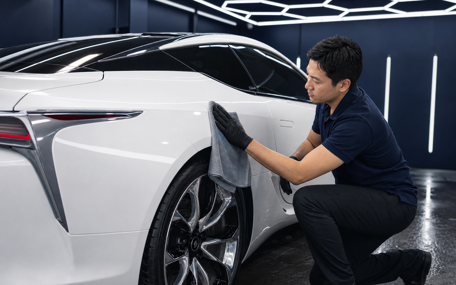 マイクロファイバークロスで車を拭き上げるスタッフ